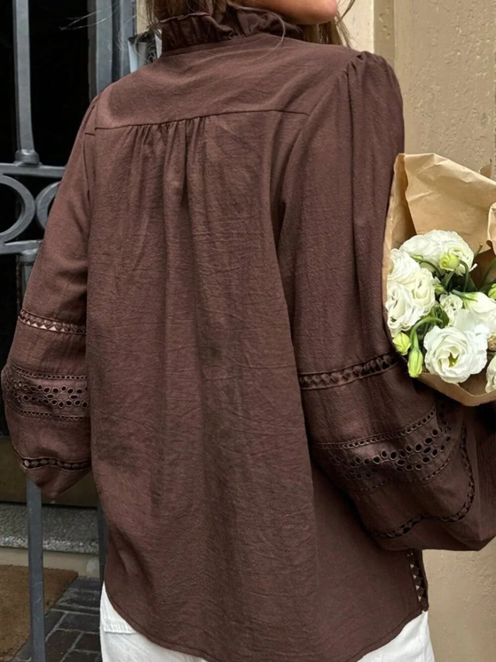 Coffee Brown Women's Casual 100%Cotton Shirt With Embroidery